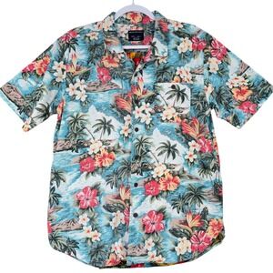 Distortion Mens Hawaiian Shirt‎ Tropical Floral Palm Trees Aloha Button Up L